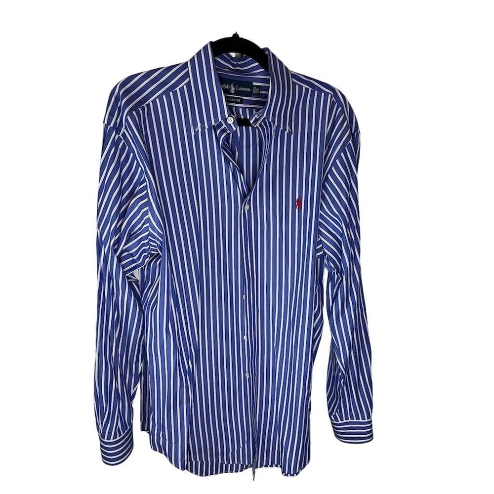 Ralph Lauren Men's Classic Fit Blue Striped Long Sleeve Button Down Shirt 15.5